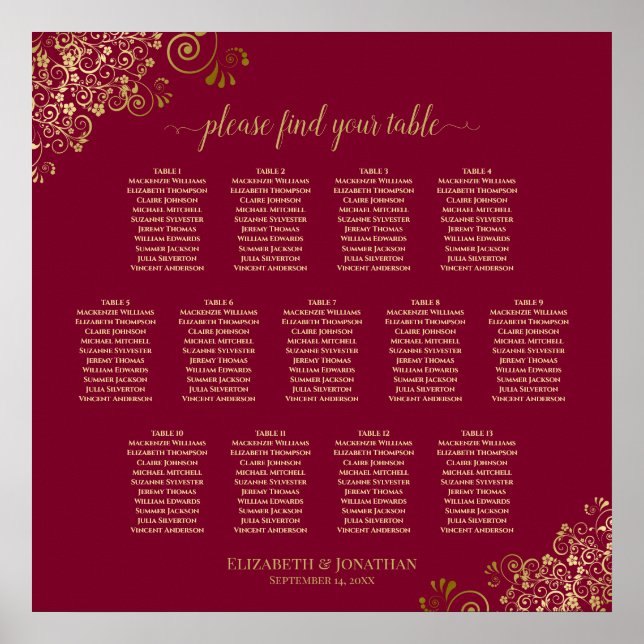 13 Tabelle Burgundy & Gold Elegante Seating Chart Poster (Vorne)