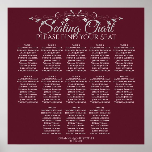 13 Tabelle Elegant Burgundy Hochzeitstabelle Poster (Vorne)