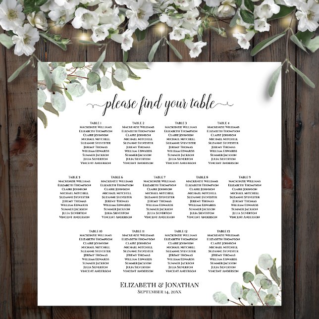 13 Tabelle Eukalyptus Greenery Hochzeitskarte Poster (In Situ on Wooden Wall with Flowers)