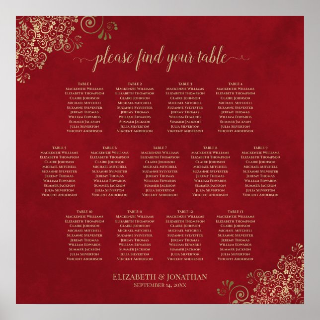 13 Tabelle Frily Wedding Seating Chart Red & Gold Poster (Vorne)