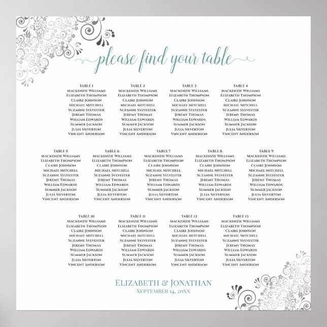 13 Tabelle Frily Wedding Seating Chart Weiß & Aqua Poster (Vorne)