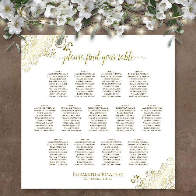 13 Tabelle Gold Frills White Wedding Seating Chart Poster (In Situ on Wall with Decorations)