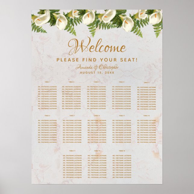13 Tabelle Marmor Hochzeitskarte Calla Lilies Poster (Vorne)