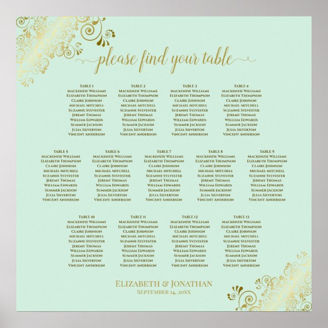 13 Tabelle Minze Green & Gold Hochzeitskarte Poster (Vorne)