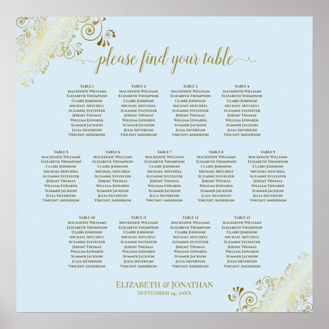 13 Tabelle Powder Blue & Gold Hochzeitskarte Poster (Vorne)