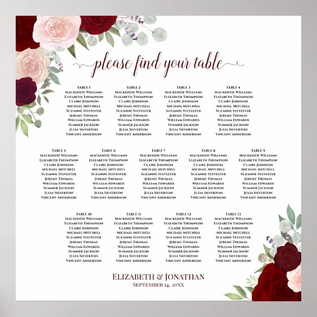 13 Tabelle Rot und Rosa Rosen Hochzeitstabelle Poster (Vorne)