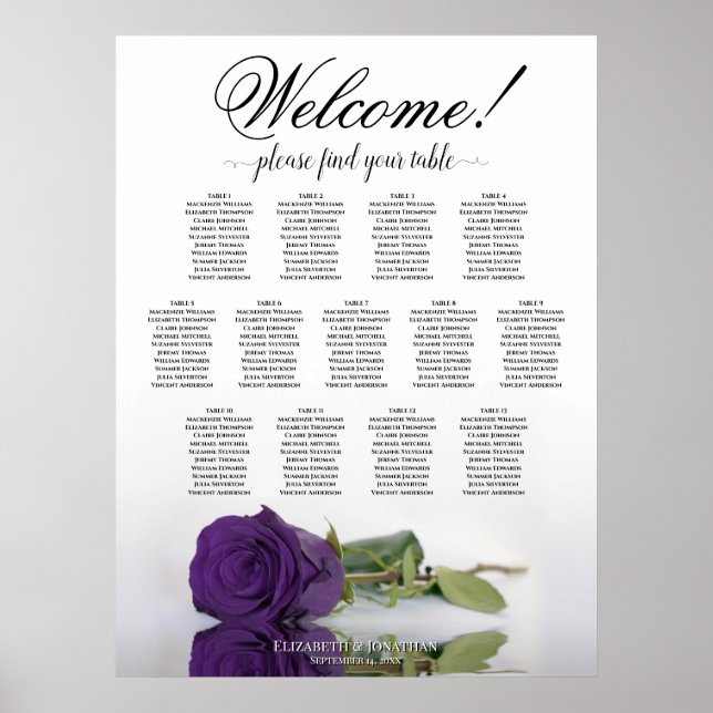 13 Tabelle Royal Lila Rose Hochzeitssitzkarte Poster (Vorne)