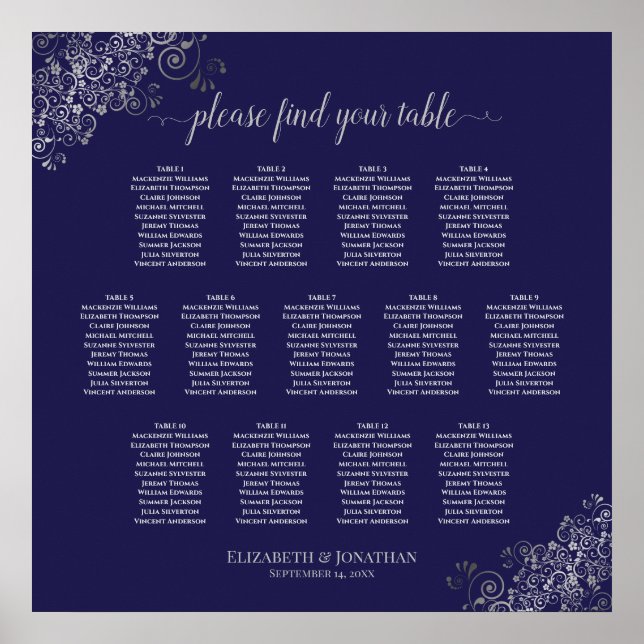 13 Tabelle Silver & Navy Blue Wedding Seating Char Poster (Vorne)