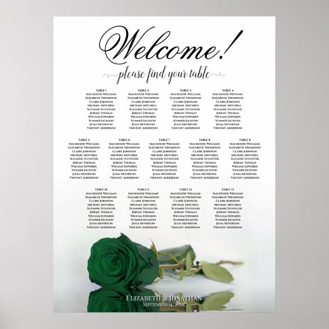13 Tabelle Smaragdgrüne Rose Hochzeitskarte Poster (Vorne)