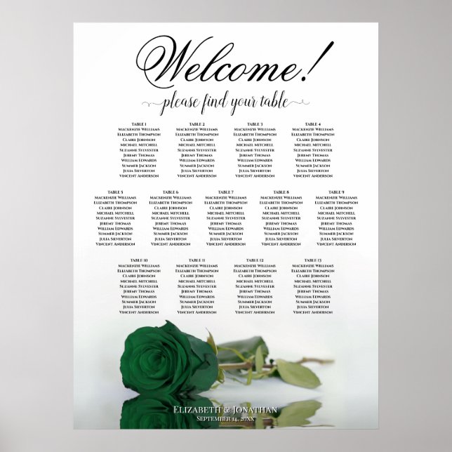 13 Tabelle Smaragdgrüne Rose Hochzeitskarte Poster (Vorne)
