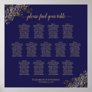 13 Table Lacy Gold Navy Blue Wedding Seating Chart Poster