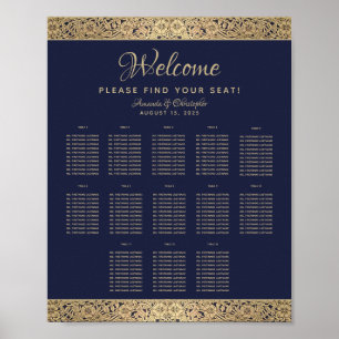 13 Table Navy Blue Wedding Seating Chart Gold Rose Poster