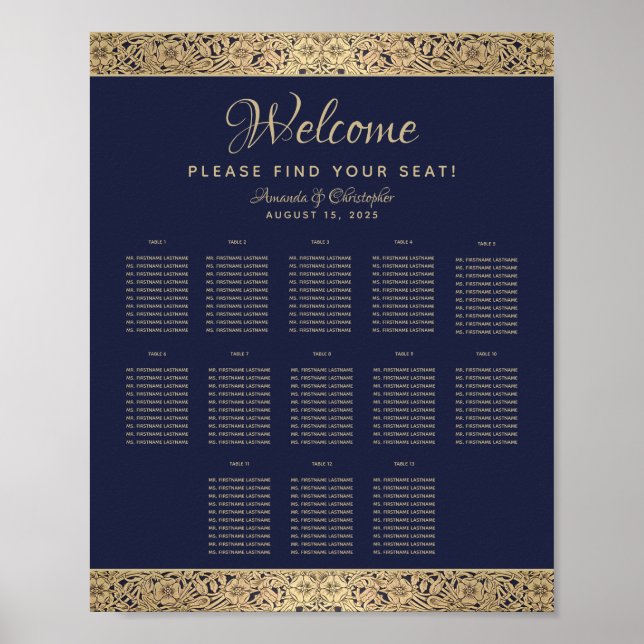 13 Table Navy Blue Wedding Seating Chart Gold Rose Poster (Vorne)