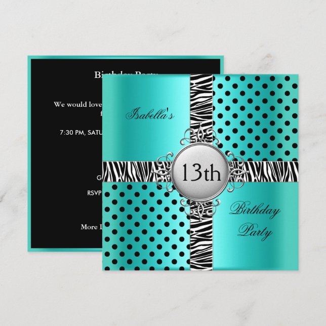 13. Teen Birthday Party Aquamarin Blue Black Zebra Einladung (Vorne/Hinten)