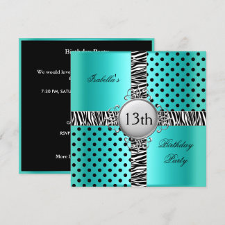 13. Teen Birthday Party Aquamarin Blue Black Zebra Einladung