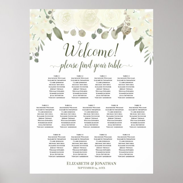 13 Tische Elfenbein Weiß Floral Hochzeits-Sitzplan Poster (Vorne)