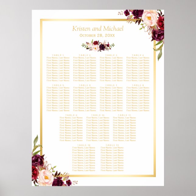 13 Tische Hochzeitssitze Gold Burgund Blumen Poster (Vorne)