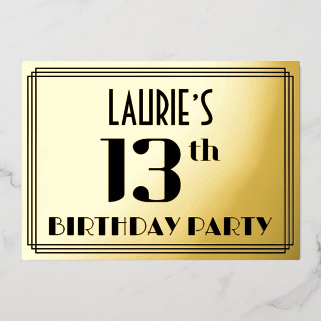 13th Birthday Party: Art Deco Look "13" und Name Folieneinladung (Vorderseite)