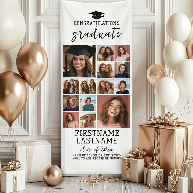 14 Foto Collage Abschluss Moderner Minimal weiß Banner (Custom Graduation Photo Banner - Great backdrop and Graduation Party Decoration)