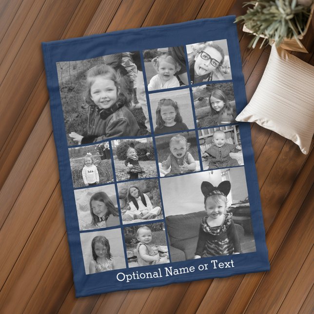14 Foto Collage CAN EDIT blauer FARBE optionaler T Fleecedecke (Personalized fleece blanket with photos and text)