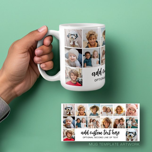 14 Foto Collage Grid - 2 Textfelder - Schwarz-weiß Kaffeetasse (Personalized mug template with a funky 14 photo collage and custom text)
