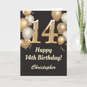 14. Geburtstag Black and Gold Balloons Confetti Karte