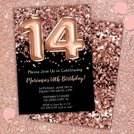 14. Geburtstag Einladung Black Rose Gold Glitzer