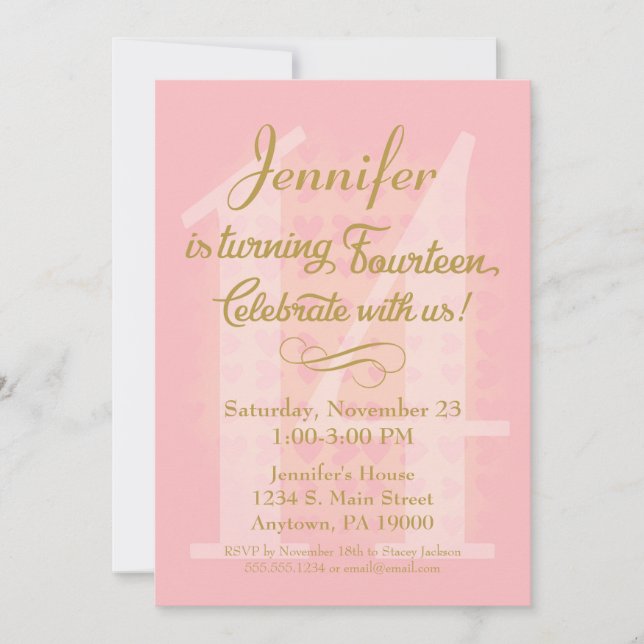 14. Geburtstag Einladung Girls Pink Goldene Herzen (Vorderseite)