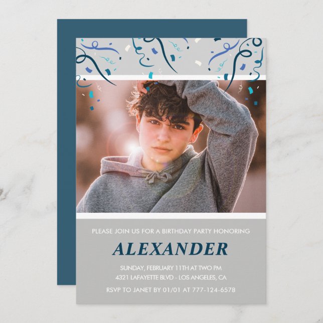 14. Geburtstag Einladungen Boy Confetti Foto Navy (Vorne/Hinten)