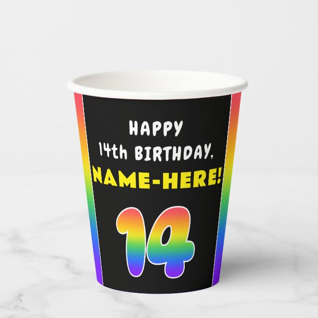 14. Geburtstag: Farbiger Regenbogen # 14, Individu Pappbecher (Vorderseite)