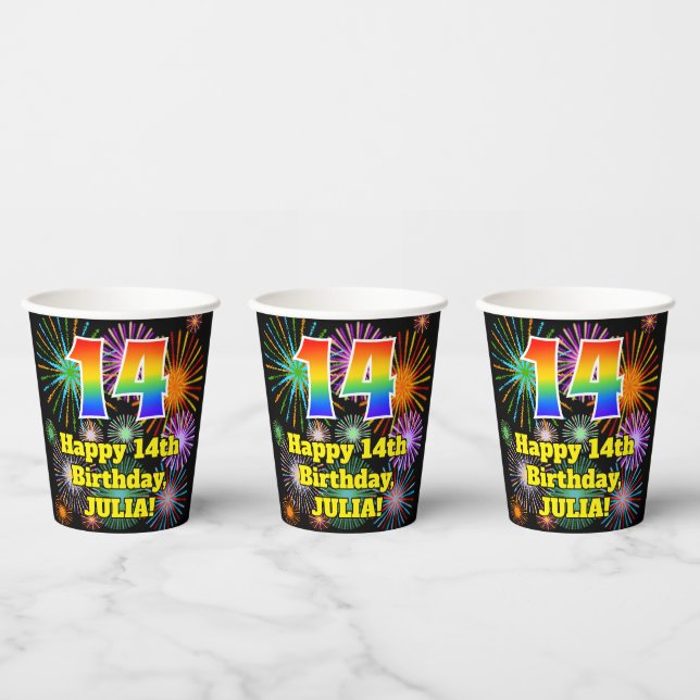 14. Geburtstag: Fun Fireworks Pattern + Regenbogen Pappbecher (Multi)