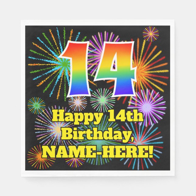 14. Geburtstag: Fun Fireworks Pattern + Regenbogen Serviette (Vorderseite)