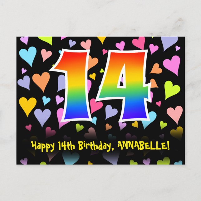 14. Geburtstag: Fun Hearts Muster, Regenbogen 14 Postkarte (Vorderseite)