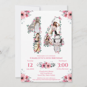 14. Geburtstag Girl Foto Collage Pink Blume Weiß Einladung