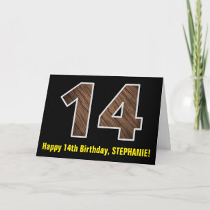 14. Geburtstag: Name + "14" im imitierten Holzstru Karte
