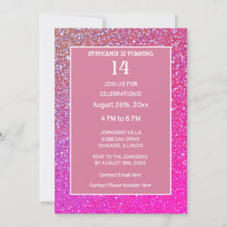14. Geburtstag Rosa Rose Gold Glitzer Vierzehn Jah Einladung