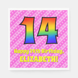 14. Geburtstag: Rosa Streifen & Herz, Regenbogen # Serviette