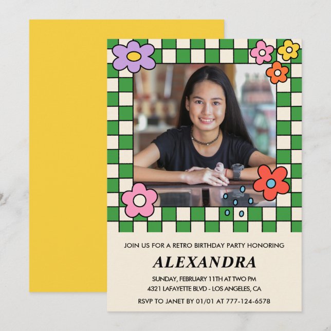 14. Geburtstagseinladungen Retro Groovy Blume Einladung (Vorne/Hinten)