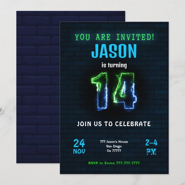 14. Geburtstagsfeier Einladung (Vorne/Hinten)