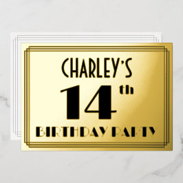 14. Geburtstagsparty — Art Deco Look "14" + Name Folieneinladung