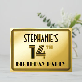 14. Geburtstagsparty — Art Deco Stil "14" & Name Folieneinladung
