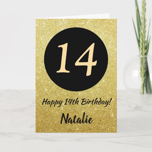 14. Happy Birthday Black and Gold Glitzer Card Karte (Vorderseite)