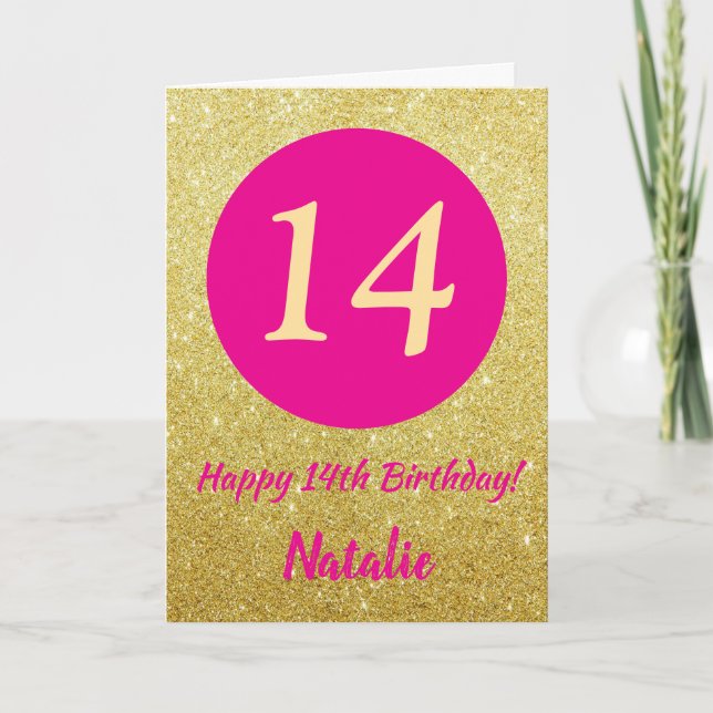 14. Happy Birthday Hot Pink und Gold Glitzer Karte (Vorderseite)