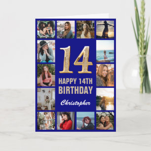 14. Happy Birthday Navy Blue & Gold Foto Collage Karte