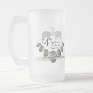 14. Hochzeit-Jubiläum-Elefanten und Opale Mattglas Bierglas