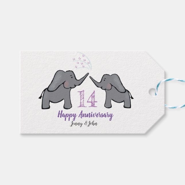 14. Hochzeitstag für Elfenbein niedlicher Elefant Geschenkanhänger (Vorderseite (Horizontal))
