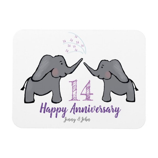 14. Hochzeitstag für Elfenbein niedlicher Elefant Magnet (Horizontal)