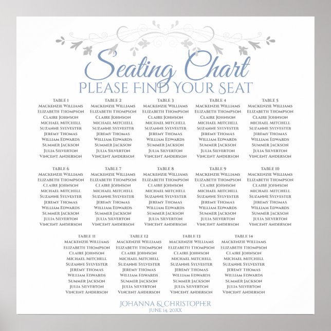 14 Tabelle Blue & Gray Wedding Seating Chart Poster (Vorne)