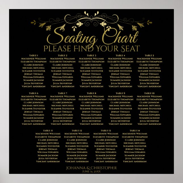14 Tabelle Elegant Gold Black Wedding Seating Char Poster (Vorne)