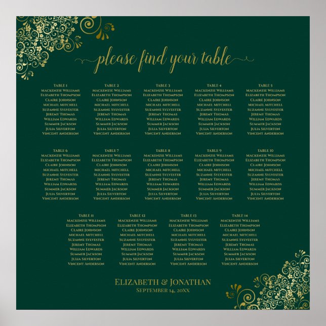 14 Tabelle Emerald Green Wedding Seating Chart Gol Poster (Vorne)